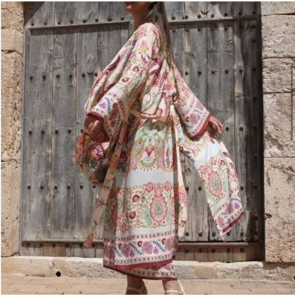 Zara NWT Satin Colorful Boho Floral Printed Belted Kimono Duster robe - Picture 5 of 12